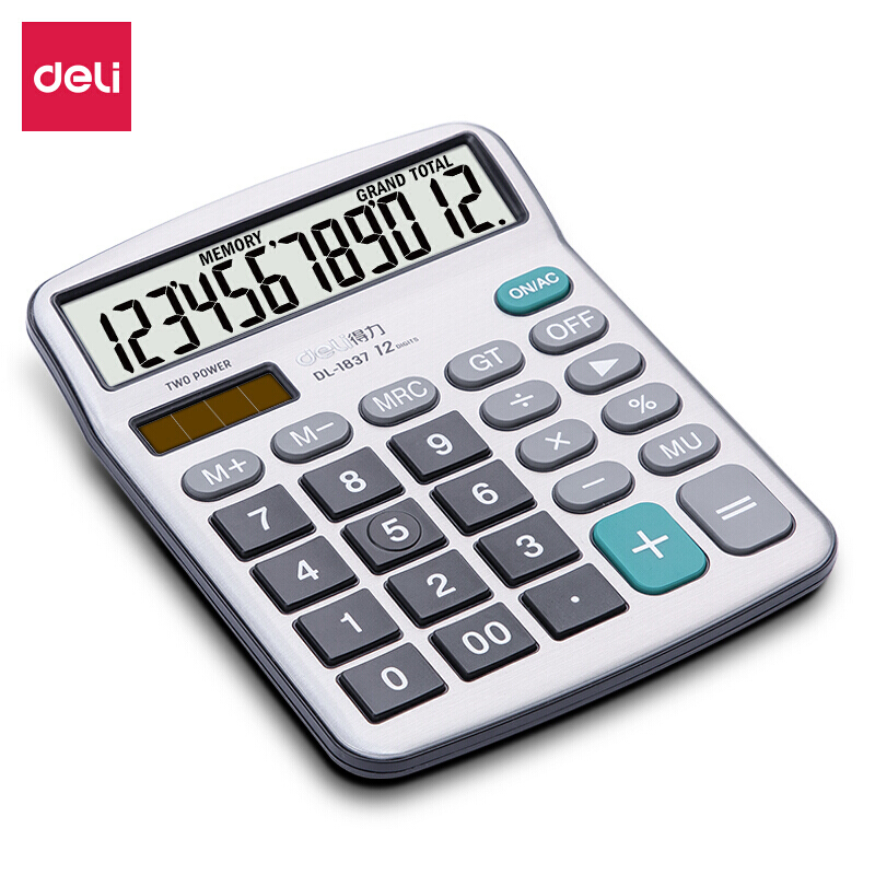 得力(deli)双电源金属面板桌面计算器 12位宽屏桌面计算机 办公用品 1837银色2个